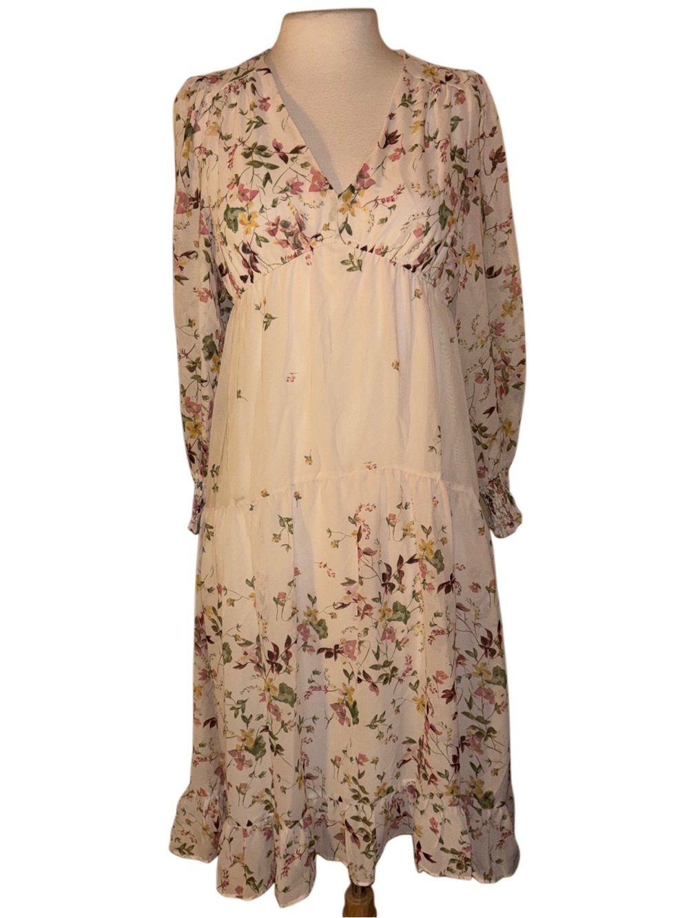 Taylor Cream Floral V-Neck Long Sleeve Midi Dress